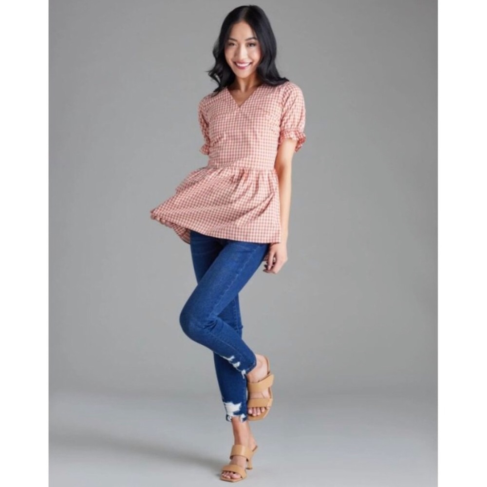 Downeast Peach Gingham Peplum Top- NWT